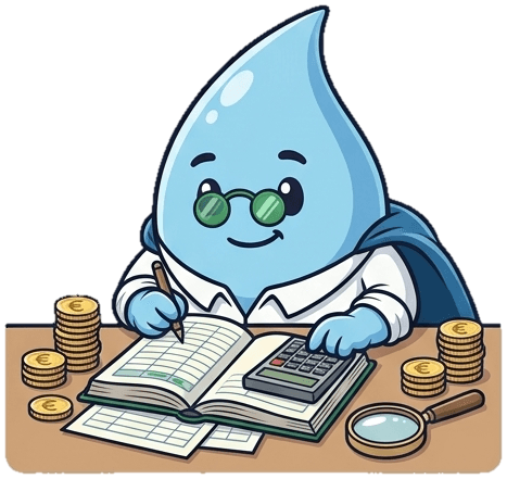 Arthur, la mascotte de jemassuremoinscher.fr, à lunettes, qui tient ses comptes avec un registre, une calculette et des pièces d'euro